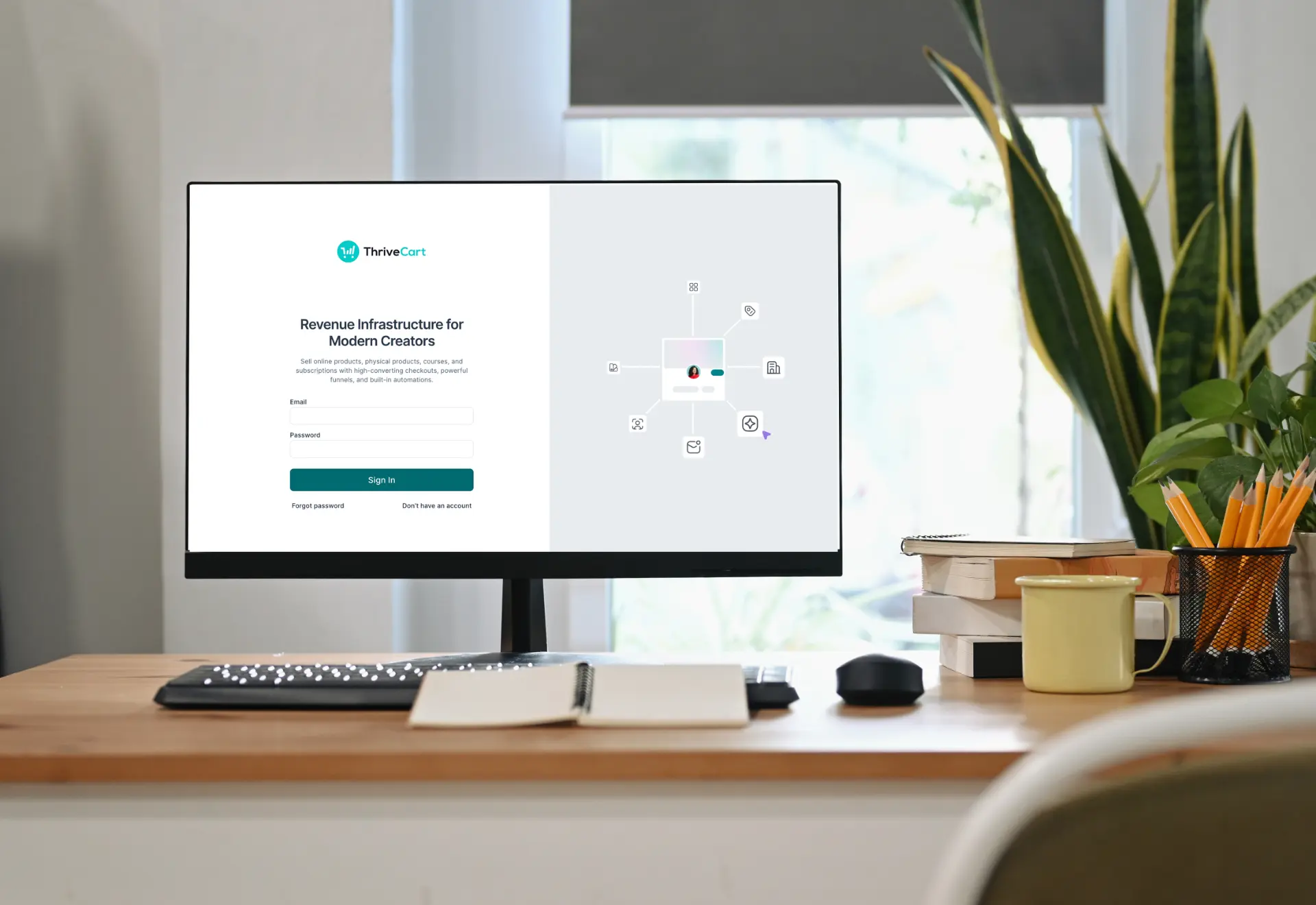 A home office desk with a monitor showing the ThriveCart sign-in screen