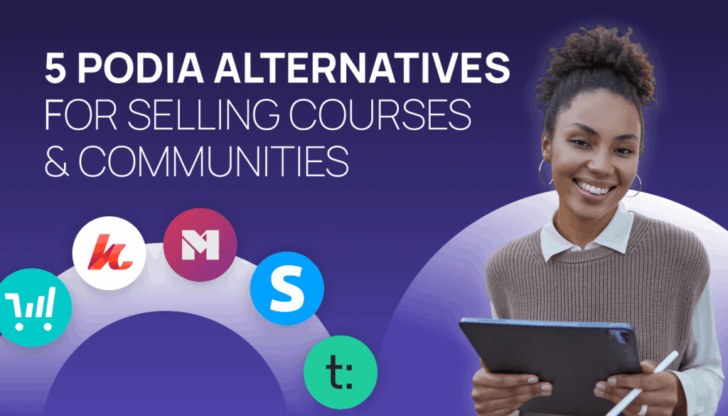 Title card showing a lady holding an iPad with the words '5 Podia Alternatives for Selling Courses & Communities' next to it